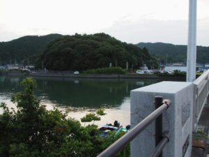 安楽島大橋から加茂川越しに眺む赤崎神社（豊受大神宮 末社）の社叢