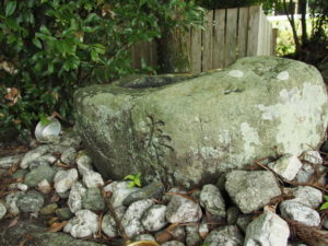 養命神社付近の社叢に置かれた手水石（伊勢市前山町）