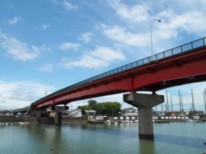 勢田川越しに遠望する御食神社の社叢と一色大橋